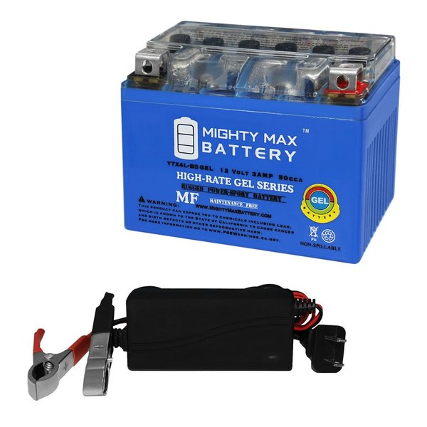 Mighty Max Battery YTX4L-BS GEL Battery for E-Ton TXL, NXL 90CC 99-03 With 12V 1Amp Charger MAX3832215